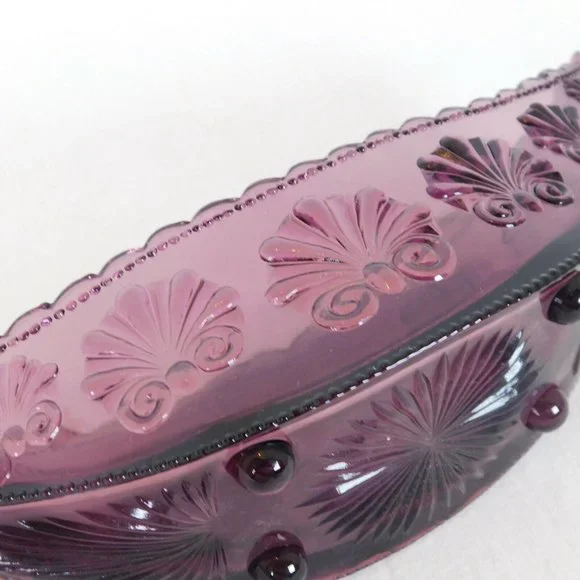 Amethyst Pressed Glass Console Bowl Half Moon Shell Scroll Starburst Vintage - Picture 8 of 8